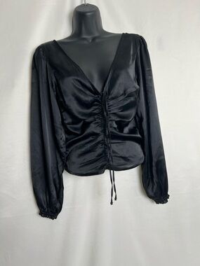 Abercrombie & Fitch Black Satin Ruched V-Neck Blouse